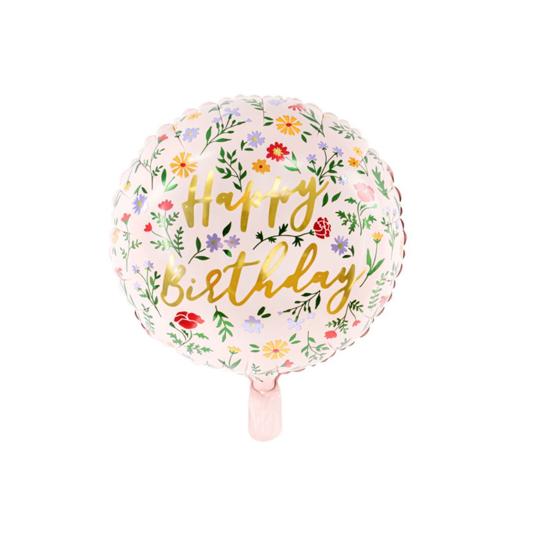 Floral pink round happy birthday foil balloon - Remarkable Parties