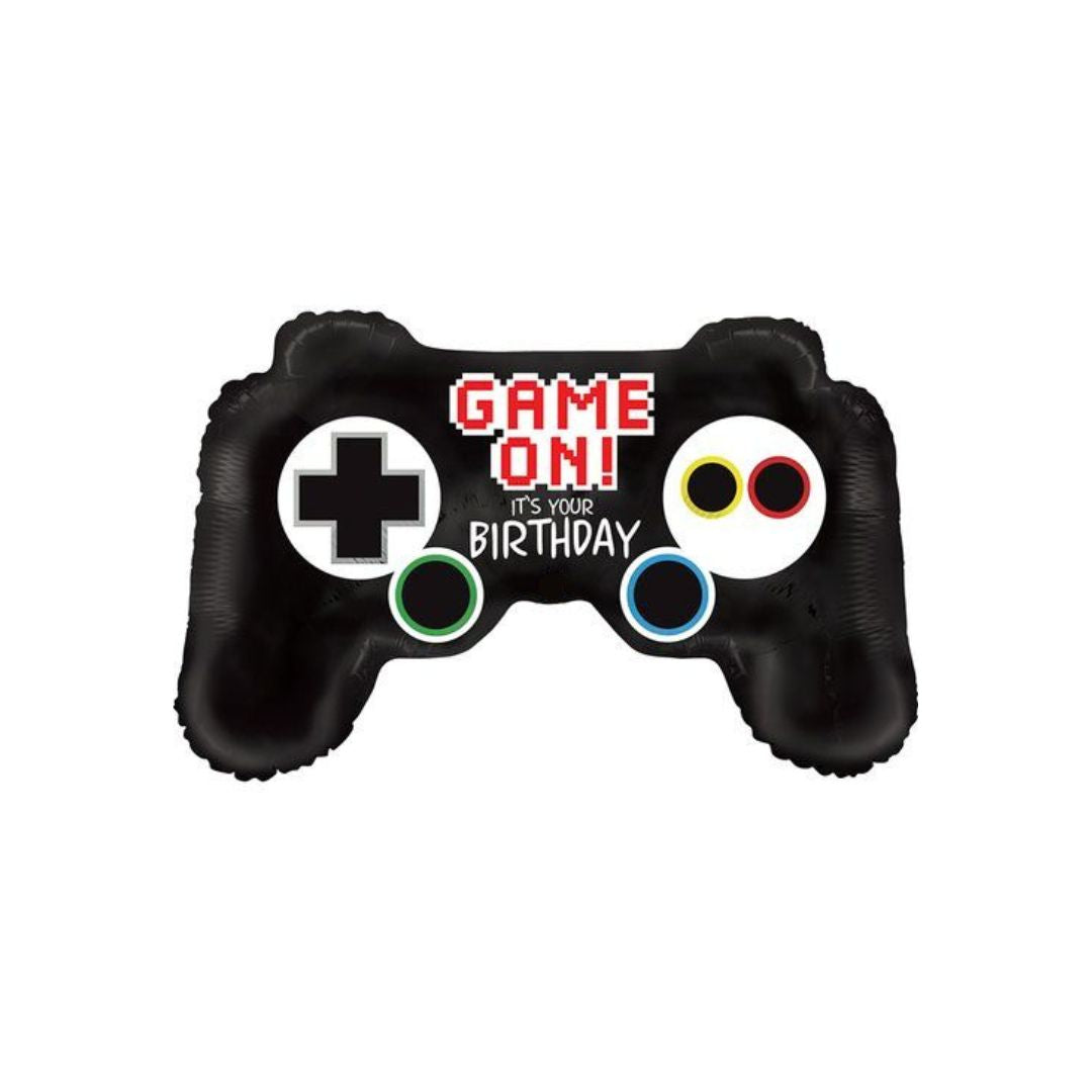 Black inflatable game controller balloon with 'Game On! It's Your Birthday' text on a white background - Remarkable Parties